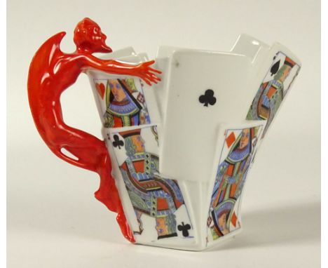 Vintage Royal Bayreuth, Bavaria Porcelain Pitcher with Playing Card Motif and Figural Devil Handle. Signed. Small Surface Fla
