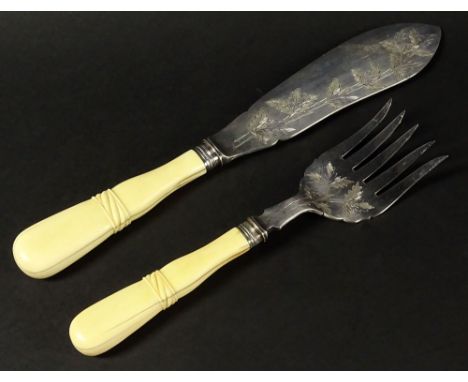Antique Silverplate and Bone Fish Serving Pieces. Unsigned. Wear, Age Splits. Knife Measures 12 Inches, Fork 9 Inches. Shippi