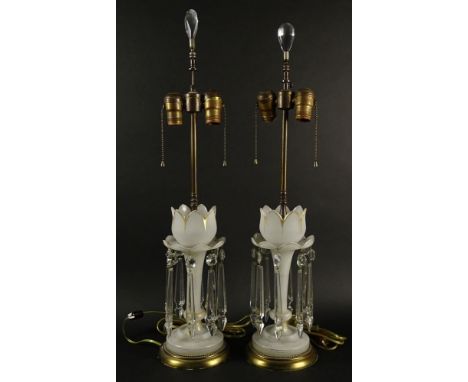 Pair of Antique Opaline Lusters as Lamps. Unsigned. Wear to Gilt Decoration, Chips on Prisms. Lusters Measure 13 Inches Tall,