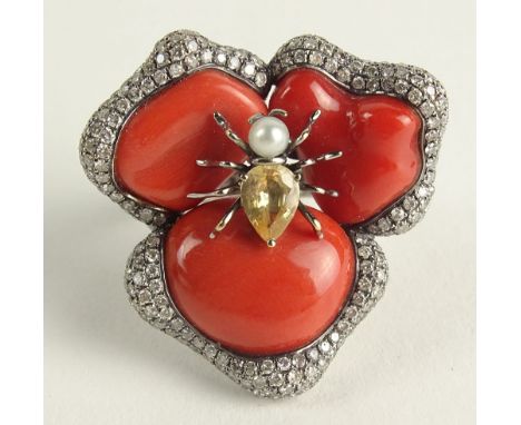 Lady's Vintage 18 Karat White Gold, Carved Red Coral, Round Cut Diamond and Citrine Ring. Signed 18K. Good Condition. Ring Si