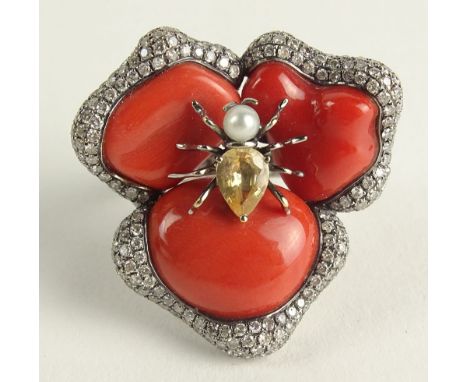 Lady's Vintage 18 Karat White Gold, Carved Red Coral, Round Cut Diamond and Citrine Ring. Signed 18K. Good Condition. Ring Si