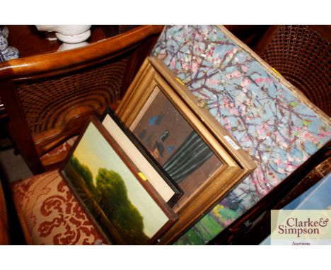 Two oil paintings; a print on canvas and a small print 