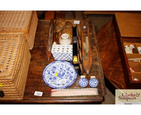 Two vintage weaving shuttles; a decorated horses head; an abacus; various Oriental china etc.
