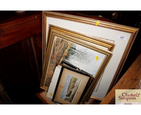 A collection of various pictures and prints including Creeting Church by Josephine Cannell, hunting prints, vintage photograp