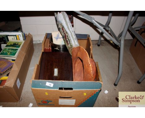 A box containing miscellaneous items to include a rosewood writing slope, shooting stick, wine cooler etc. 