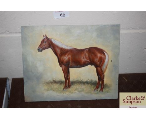 Oil on wooden panel depicting a chestnut horse with fair mane and tail 