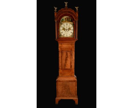 A William IV Welsh flame mahogany longcase clock, 33.5cm arched painted dial inscribed Powell &amp; Davies, Merthyr, Roman nu