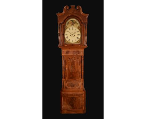 A William IV/early Victorian rosewood crossbanded mahogany longcase clock, 36cm arched painted dial inscribed James Brindley,