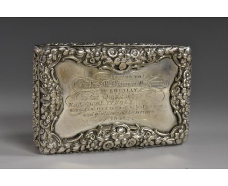 Scottish Interest- an early Victorian silver bowed rectangular table snuff box, hinged cover inscribed Presented to Charles M