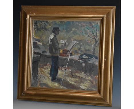 Roy Pettitt (b. 1935)Self-Portrait, An Artist Painting in a Gardeninscribed to verso, oil on board, 28cm x 29cm 