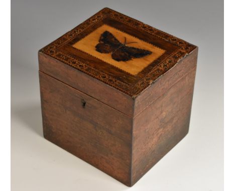 A Tunbridge ware and rosewood rectangular tea caddy, hinged cover inlaid with a butterfly within a geometric border, enclosin