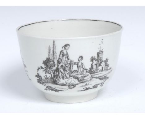 A Worcester L'Amour pattern sugar bowl, printed in monochrome after an engraving by Robert Hancock, with a courting couple, h