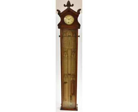 An unusual Victorian oak combination Admiral Fitzroy's storm stick barometer and timepiece, paper register chromolithograph p