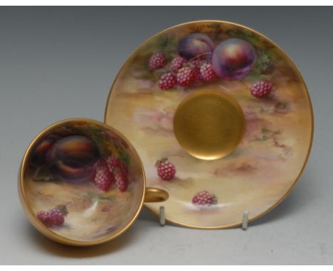 A Royal Worcester cabinet cup and saucer, painted by Price, signed, with ripe plums and raspberries on a mossy ground, the ex