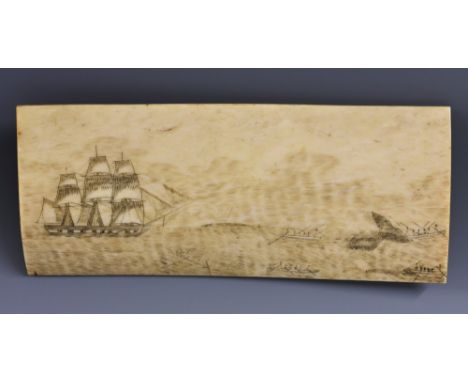 A 19th century sailor's scrimshaw bone panel, carved and picked out with a marine tableau of a  whaling scene, 8.5cm x 20.5cm