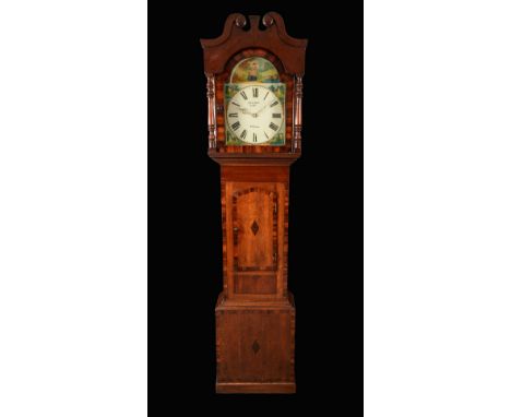 A George/William IV mahogany crossbanded oak longcase clock, 33.5cm arched painted dial, Roman numerals, the arch painted wit