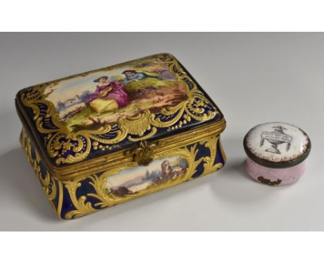 A Continental gilt metal mounted faience waisted rectangular table snuff box, in the Louis XV taste, hinged cover painted wit