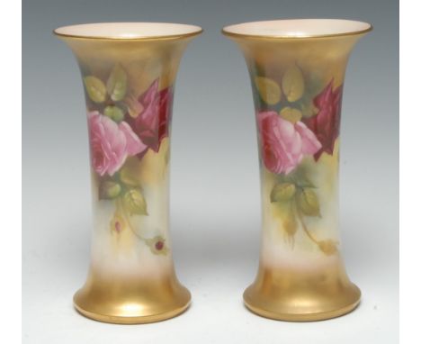 A pair of Royal Worcester flared trumpet shaped vases, painted by Millie Hunt, signed, with cabbage roses, gilt border, 19cm 