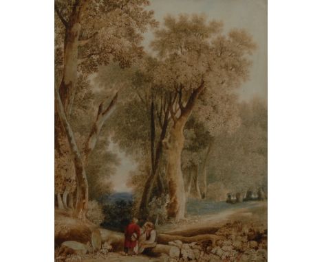 George Barret Junior (Irish, 1767-1842)Under the Shade of the Great Treeswatercolour, 35.5cm x 29.5cm, collection label to ve