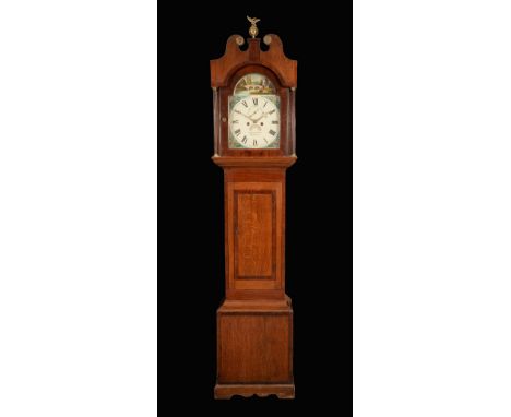 A George III oak and mahogany longcase clock, 30.5cm arched painted dial inscribed George Kiddle, Sherborne, Roman numerals, 