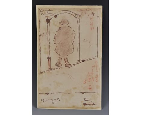 LowryTramp, Manchester, signed, dated 1959, no.39 top right, ink, 25cm x 15.5cm, unframed; the verso with portrait***Please e