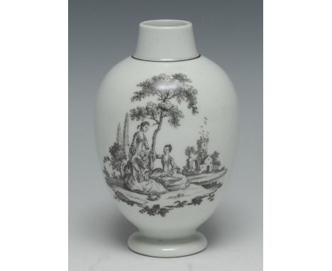 A Worcester The Garland Makers pattern ovoid tea canister, printed in monochrome after an engraving by Robert Hancock, with t