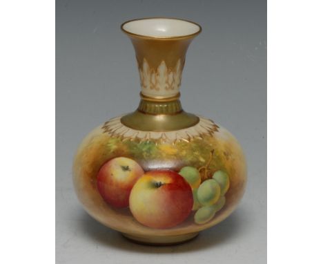 A Royal Worcester globular vase, with flared neck, painted by Moseley, signed, with apples and grapes on a mossy ground, the 