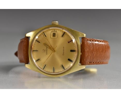Omega - a retro 1960's Geneve wristwatch, gilt dial, block baton markers, minute track, gilt hands, date aperture, cal 613 17