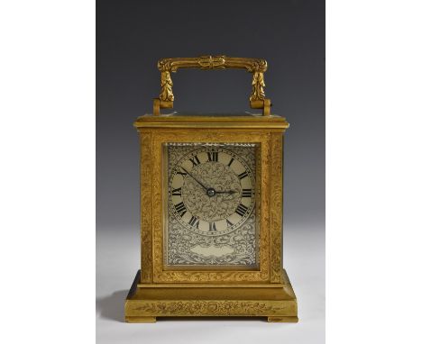 A 19th century gilt brass carriage clock, 6.5cm rectangular silvered dial inscribed with a chapter of Roman numerals and engr