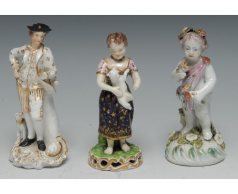 A Derby figure, of a gallant standing beside a dog, 13cm high, c.1790; a Bloor Derby figure, 12cm high, c.1820; a Patch Mark 