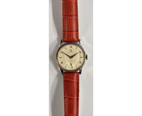 Omega - a 1950's wristwatch, silvered dial, alternating Arabic numerals and baton arrows, minute track, subsidiary seconds, s
