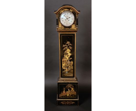 An early 20th century Chinoiserie dwarf longcase clock, 14.5cm silvered dial inscribed with Arabic numerals, twin-winding hol