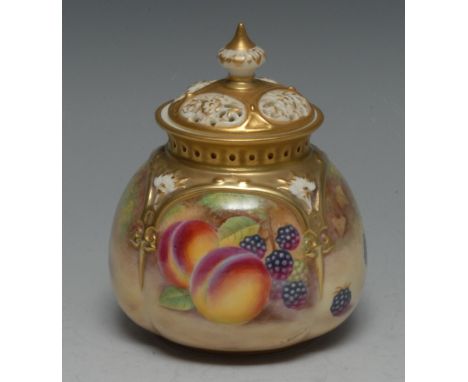 A Royal Worcester lobed ovoid pot pourri vase and cover, painted by D Buckle, signed, with ripe peaches and blackberries on a