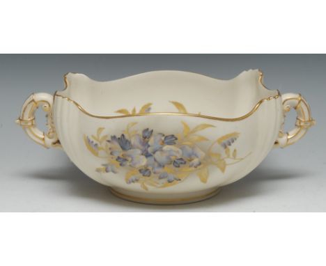 A Royal Worcester shaped square bowl, printed and painted with wisteria on an ivory ground, gilt line rim, loop handles, 29cm