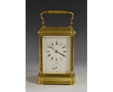 A 19th century gilt brass repeating alarum carriage clock, 6.5cm rectangular enamel dial inscribed with Roman and subsidiary 