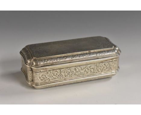 A large Victorian silver shaped rectangular table snuff box, engraved with scrolling foliage, gilt interior, hinged cover, 10