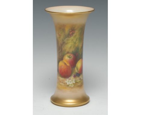 A Royal Worcester flared trumpet shaped vase, painted by Ricketts, signed with ripe apples on a mossy bank, gilt border, 19cm