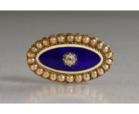A Victorian diamond enamel and seed pearl oval brooch, central old cushion cut diamond approx 0.25ct, surrounded by a guilloc