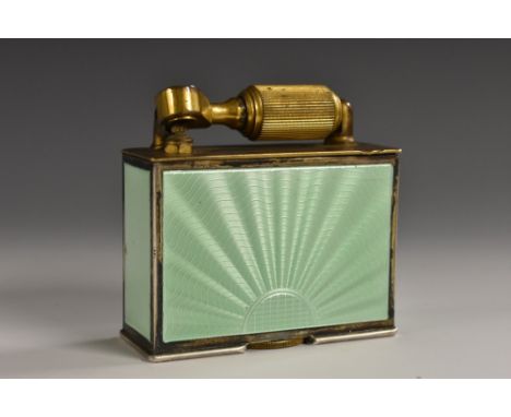 Dunhill - an Art Deco silver and enamel rectangular McMurdo table lighter, Pat. No. 590958, engine turned with fanned rays an