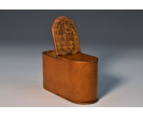 A George III Scottish armorial cedar penwork double-snuff box, the upper hinged cover picked out in black ink with a coat of 