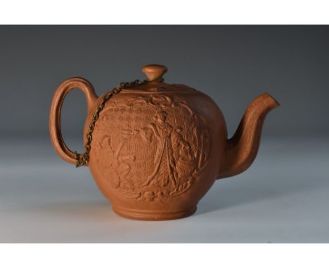 A Staffordshire red stoneware small globular teapot and cover, moulded with Chinese figures to front and verso, within a scro