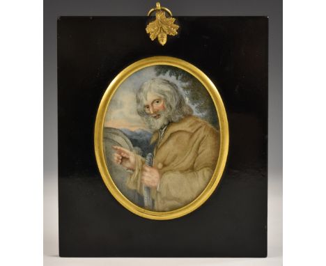 English School (19th century), a portrait miniature, of a vagabond, half-length, in a rolling landscape, oval, watercolour on