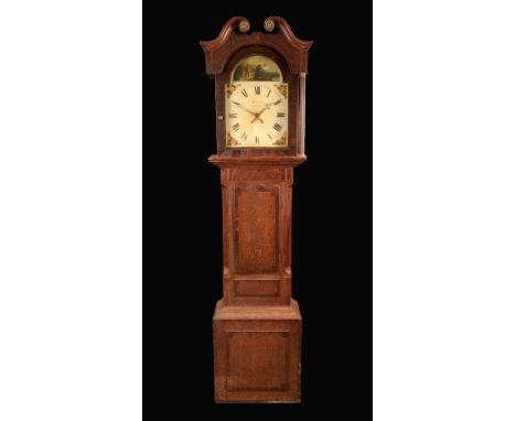 A George III/IV oak and mahogany longcase clock, the 33.5 arched enamel dial inscribed Hallam, Nottingham, the arch painted w