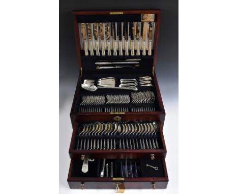 An Elizabeth II silver Old English bead pattern canteen, for twelve, comprising soup spoons, a soup ladle, fish knives and fo