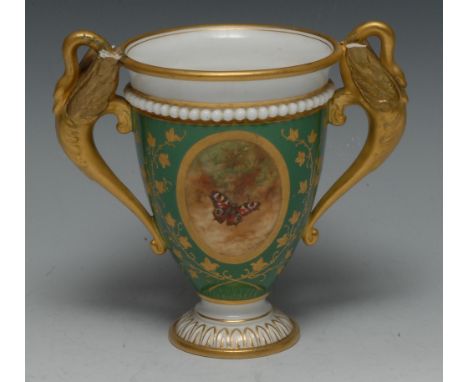 A Royal Worcester two-handled vase, painted by R. T. Rea, signed, with a butterfly within a gilt cartouche on an apple green 
