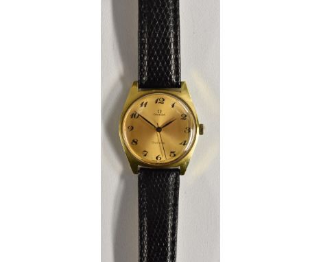 Omega - a retro 1970's Geneve wristwatch, gilt dial, Arabic Numerals, centre seconds, black hands, cal 601 17 jewel manual mo