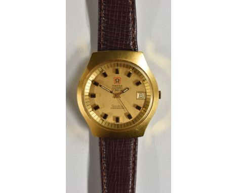 Omega - F300 Hz Geneve Chronometer wristwatch, gilt dial, raised block baton markers, minute track, centre seconds, date aper