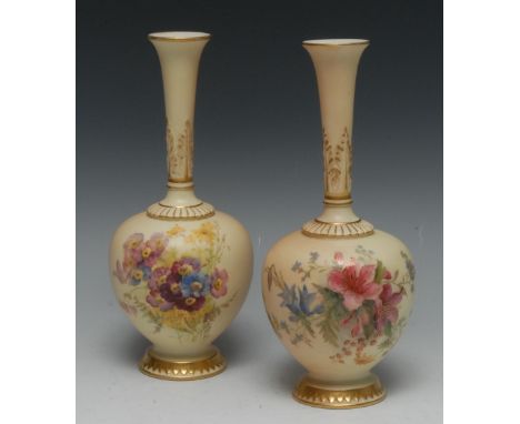 A pair of Royal Worcester bottle vase, printed and painted with summer flowers on a blush ivory ground, long flared neck with