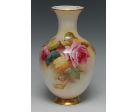 A Royal Worcester amphora shaped vase, painted by R Lewis, signed, with cabbage roses, gilt border, 19cm high, printed mark i
