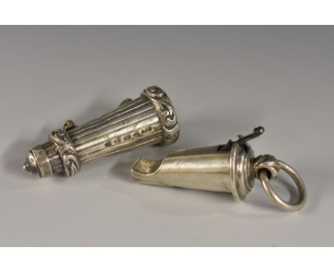 A Victorian silver whistle, probably military, reeded canon barrel sleeve with acanthus girdles, mounts to verso for a belt o